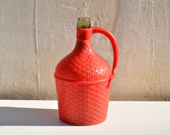 Vintage Demijohn Wrapped Bottle with Handle, French Country Decor, Glass Wine Bottle Wrapped Red Cover, 3L Demijohn Glass