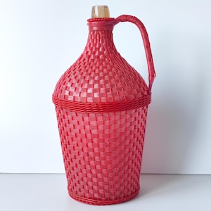Vintage Demijohn Wicker Bottle with Handle, French Country Decor, Glass Wine Bottle Wrapped Hand-knitted Red Threads, Large Demijohn Glass