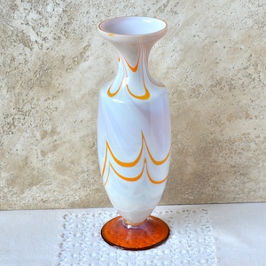 Vintage Tall 10 inch Blown Glass Vase, Unique Handmade Vase for Flowers, White & Orange Artisan Art Glass Decorative Vase, Retro Decor 1970s