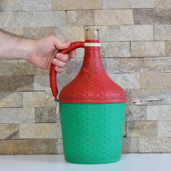 Vintage Demijohn Wrapped Bottle with Handle, French Country Decor, Glass Wine Bottle Wrapped Red and Green Cover, Large Demijohn Glass