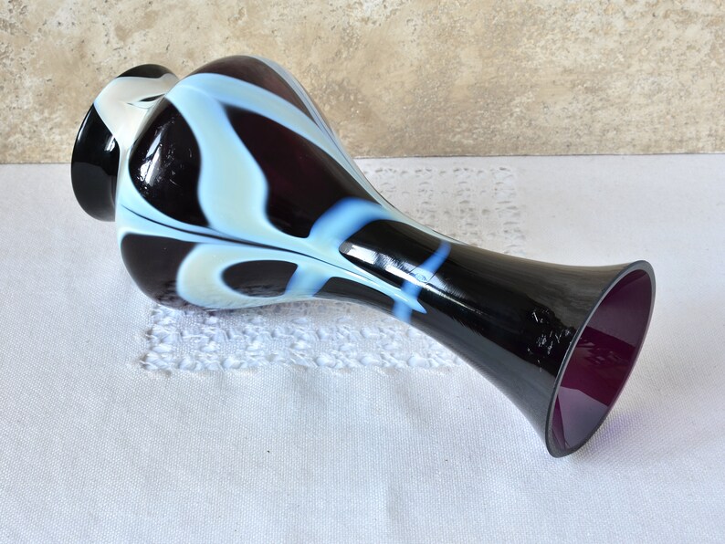 Vintage Bud Vase, Dark Purple and White Glass, 10 Tall Glass Vase for Flowers Arrangements, Artisan Decorative Vase, Retro Decor 1970s._7