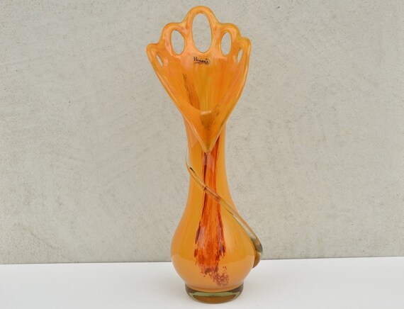 オレンジ色のガラスの花瓶、吹きガラスの装飾花瓶、高さ14インチの花瓶