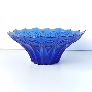 Vintage Cobalt Blue Glass Decorative Bowl, Large Art Deco Fruit Bowl from 1980s Art Centerpiece Bowl with Ruffled Rim, New Home Gift for Her
