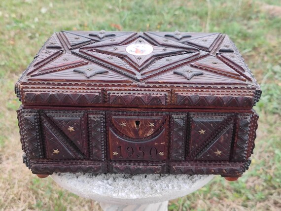 Tramp Art Box Antique Carved Wood, Vintage Memory Box, French Folk