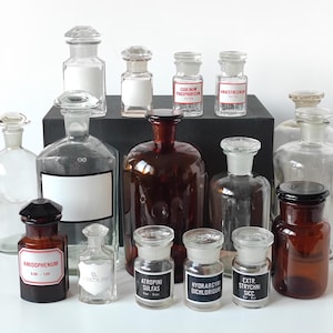 Vintage Apothecary Jars With Enameled Label, Poison Bottle with Glass Stopper, Antique Medicine Glassware, Old Brown Glass Apothecary Bottle