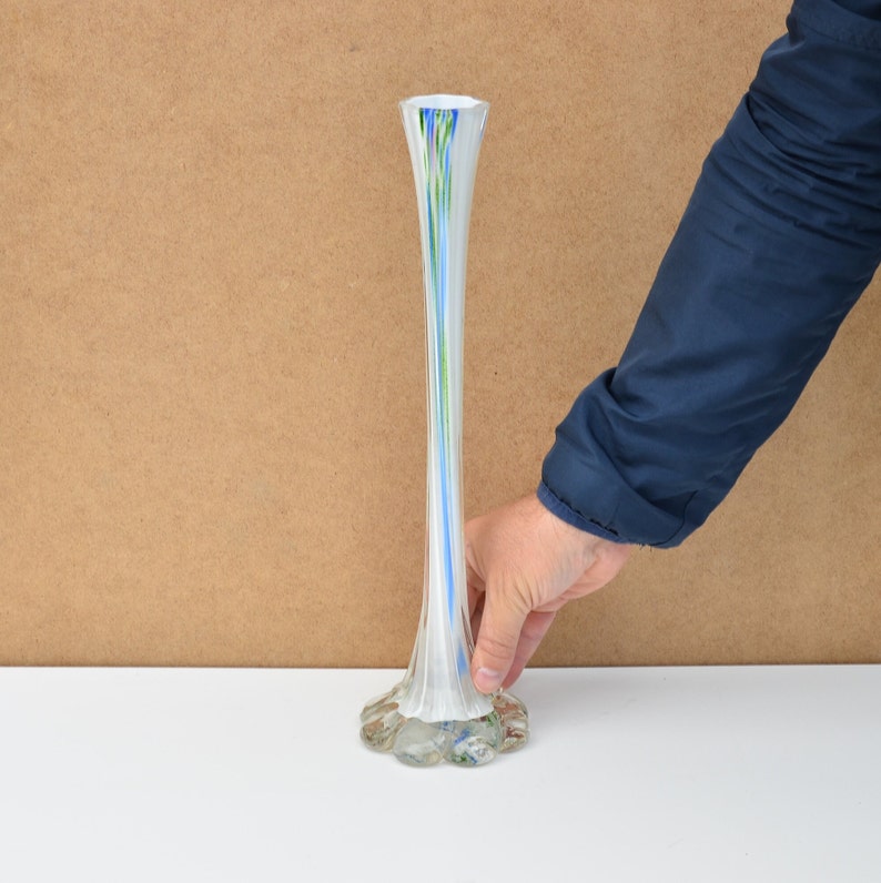 Vintage Twisted Stem Glass Vase for Flowers, White Art Glass Vase, Tall