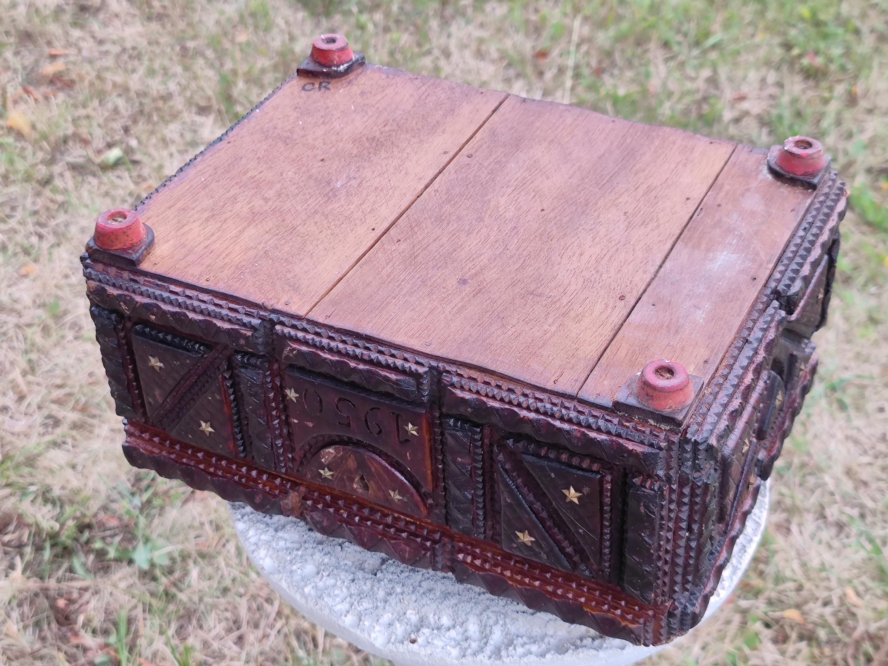 Tramp Art Box Antique Carved Wood, Vintage Memory Box, French Folk