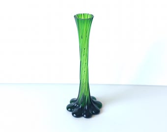 Green Glass Decorative Vase Tall 13", Vintage Vase Flowers, Retro Table Centerpiece Decor 1980s, Emerald Green Vase Swirl Mom Christmas Gift