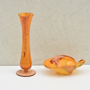 Set of Orange Glass Vase and Ashtray, Flower Vase Tall 8&quot; Housewarming gift, Decorative Vase, Birthday Gift For Mum, Blown Glass Pomorie
