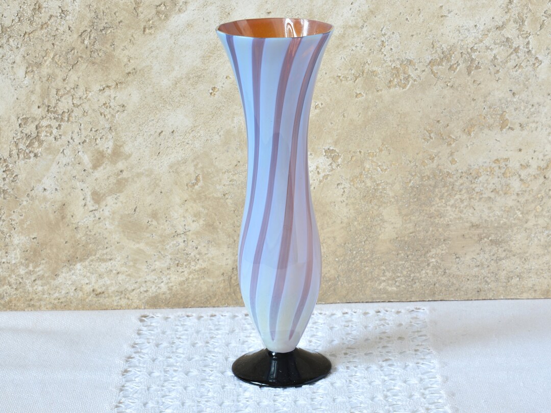 Vintage Tiny Glass Vase With Subtle White Curved Stripes, Mini Art
