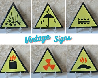 Sinais triangulares vintage, sinais de esmalte de metal, sinal de porcelana, decoração industrial, arquitetura, sinal ao ar livre antigo, sinal colecionável antigo