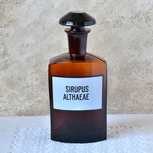 Antique Medicine Bottle, Apothecary jar, Brown Glass Pharmacy Bottle Enameled Label, Retro Medicine Glassware 1940s, Bottle Decor Medicine