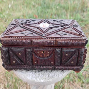 Tramp Art Box Antique Carved Wood, Vintage Memory Box, French Folk