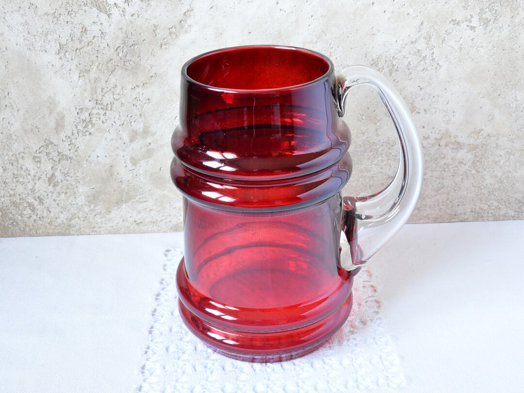 Vintage Beer Mug, Ruby Red Glass Mug for Beer, Blown Glass Mug, Red Bar Decor, Men's Cave Gift