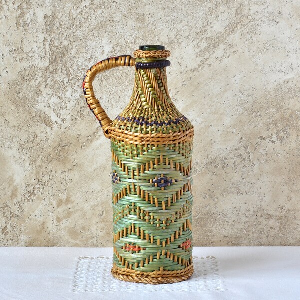 Vintage Demijohn Wicker Wrapped Wine Bottle with Handle, Hand-knitted Bottle with Colored Threads, Demijohn Wine Bottle, Rustic Decor 1960s.