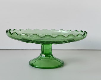 Vintage Green Glass Pedestal Bowl, Decorative Centerpiece Bowl, Kitchen Countertop Decor, Birthday Gift for Her, Fruit Bowl Pedestal