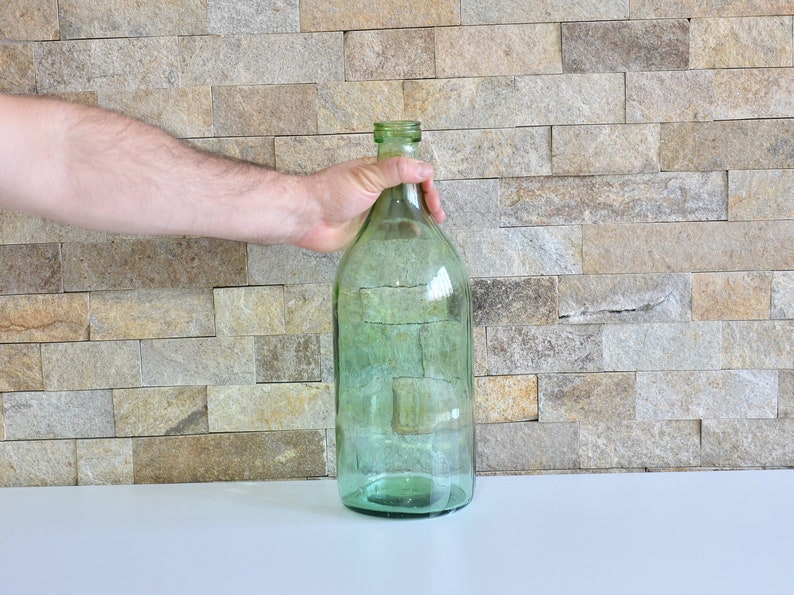Vintage Glass Demijohn 3 Liters, French Green Glass Wine Demijohn