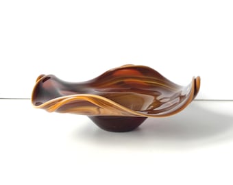 Glass Bowl with Wavy Edges Brown Color, Table Centrepiece, Vintge Decor Large Glass Bowl with label, Tabletop Bowl for Fruits, Kitchen Decor