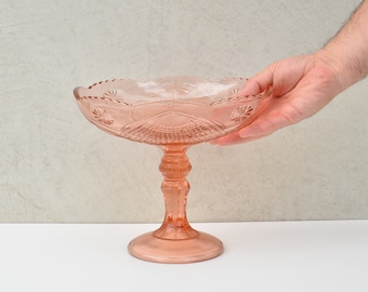 Vintage Pink Glass Bowl with a Beautiful Pattern, Large Bowl with Pedestal from 1970s. Kitchen Countertop Decoration, Centerpiece Glass Bowl