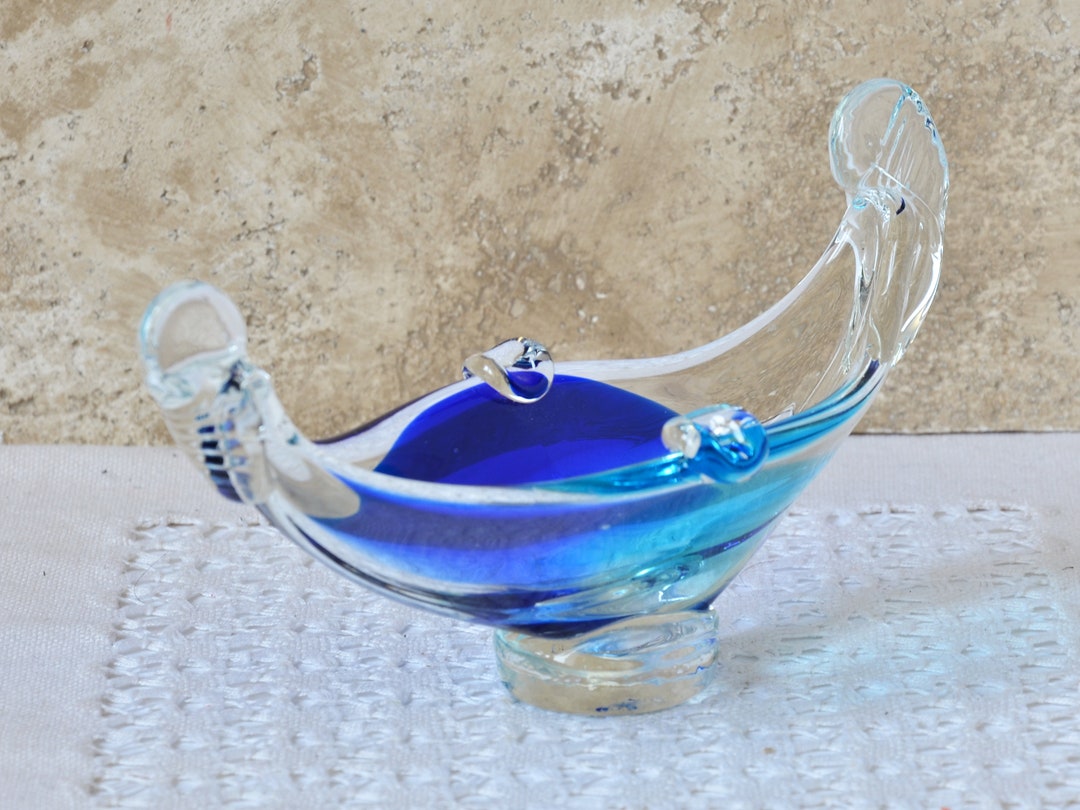 Vintage Glass Ashtray, Blue Art Glass Ashtray, Bohemian Glass, Czech