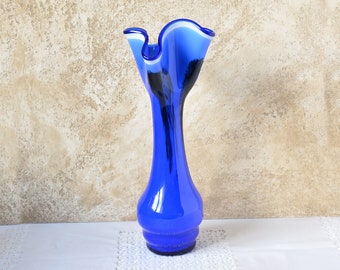 手吹きブルースプラッターアートガラス花瓶：フリルトップのセンター