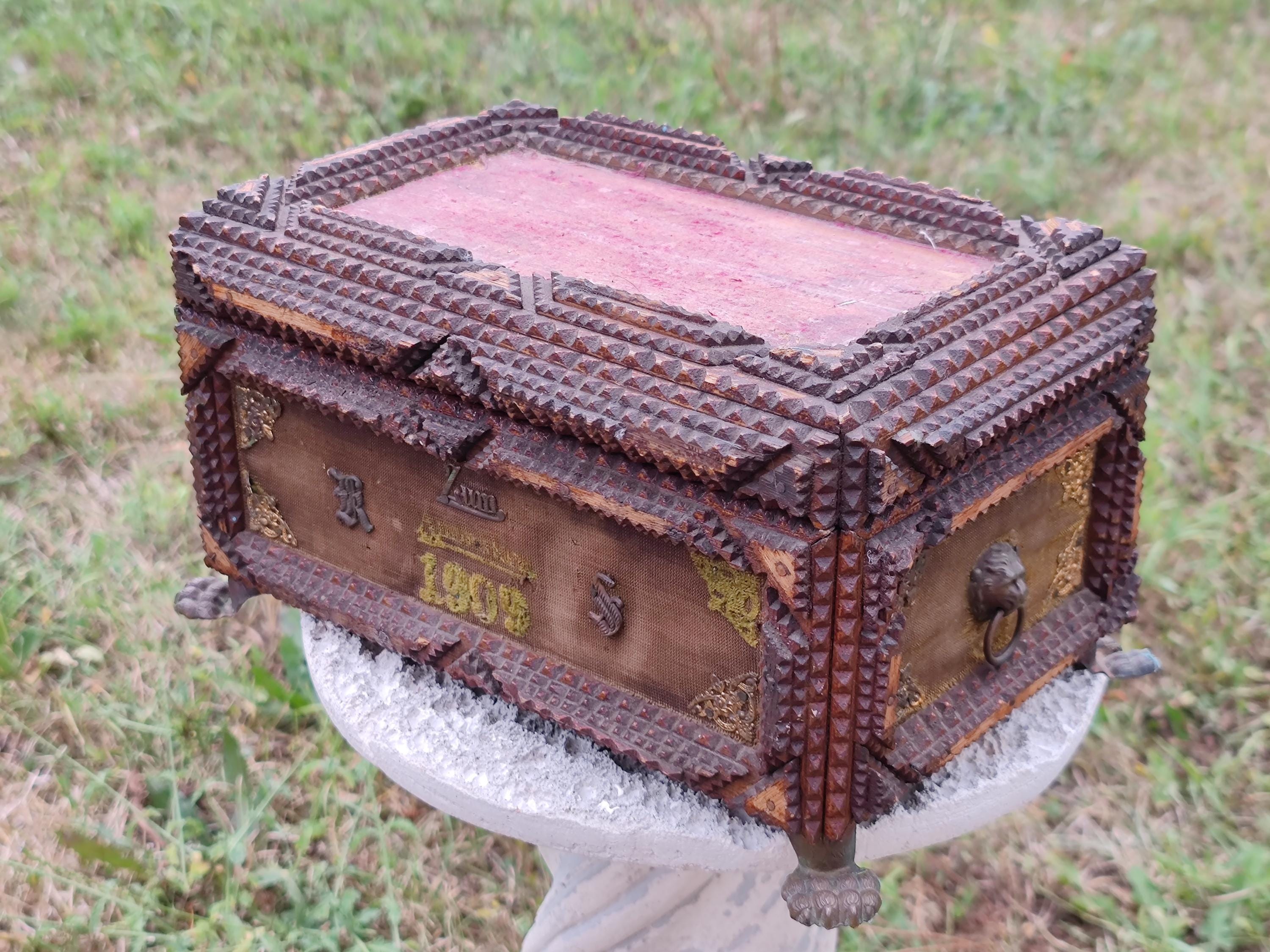 Tramp Art Box Antique Carved Wood, Vintage Memory Box, German Folk