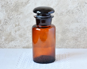 ビンテージ レトロ 色ガラス瓶 薬瓶 医療瓶 蓋付き ヴィンテージの茶色のガラス製薬瓶：1930年代のラベル付き薬局ボトル