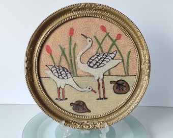 Vintage Embroidery Bird Heron Tapestry, Antique Gold Ornate Frame Round 12 inch for Wall 1970s, Golden Picture Frame Art, Large Circle Frame