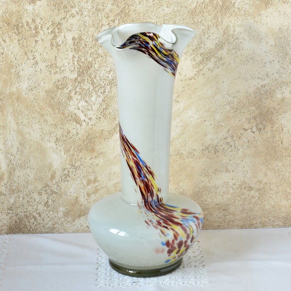 Floor Vase Glass 16 inch Tall (White and Color Glass) Floral Arrangements, 70s. Fused Glass Vase Flowers Bouquets, Massive Vase 16 Inch Tall