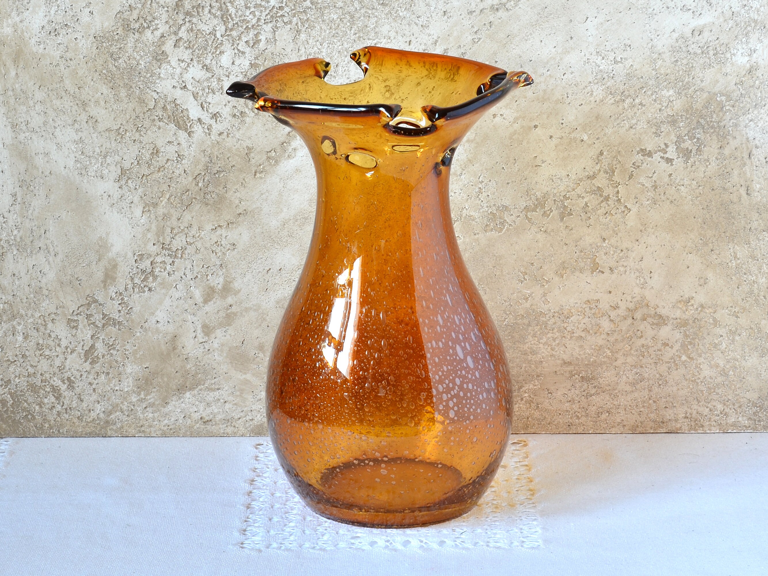 Vintage Art Glass Vase With Bubble Inclusions, Large Honey Color 10 Inch Tall, Hand-Blown Artisan For Flowers Bouquets
