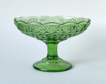 Vintage Glass Fruit Bowl, Kitchen Countertop Decor, Table Centerpiece Bowl Pedestal, Centre Dining Table Decor, Green Pressed Glass Bowl 70s