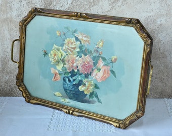 Vintage Serving Tray, Painting Roses Serving Tray, Made in Holland by Mathot-Vanhoffelen Antwerpen Serving Tray Floraws Decoration