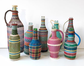 Vintage Wicker Bottle Multicolor, French Country House Kitchen Dining Room, Demijohn Colorful Plastic Wicker Bottle Jug, Retro Rustic Decor