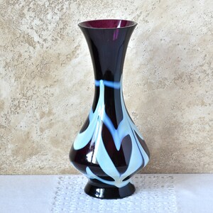 Vintage Bud Vase, Dark Purple and White Glass, 10 Tall Glass Vase for Flowers Arrangements, Artisan Decorative Vase, Retro Decor 1970s.