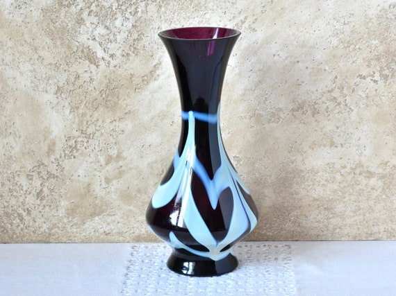 Vintage Bud Vase, Dark Purple and White Glass, 10" Tall Glass Vase for Flowers Arrangements, Artisan Decorative Vase, Retro Decor 1970s.