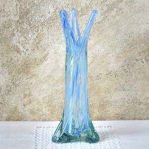 Vintage Swung Vase, Light Blue and White Glass Vase for Flowers, Blown Glass Murano Style Vase, Designer Art Glass Decor for Bathroom