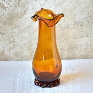 Bud Vase for Flower Bouquet, Vintage Art Glass Vase, Unique Home Decor Hand Blown Glass Vase with Ruffled Collar, Old Handmade vase 1980s.