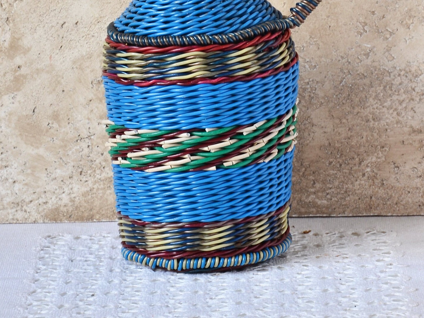 Vintage Wicker Bottle Blue Glass Bottle in Colorful Plastic Etsy