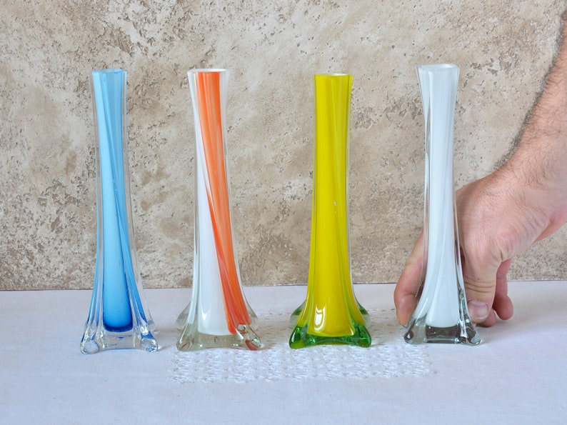Glass Vase Tall 8", Vintage Vase Flowers, Retro Table Centerpiece Decor 1980s, Variations Color Blown Glass Vase, Mom's Gift Decorative Vase