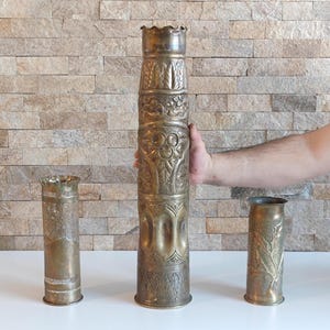 Antique Trench Art Vase of Shell Casing from 1918s. - 1945s. WW1 Artillery Shell, WW2 Аrmy Оfficer Gift Idea, Military Art Vase for Flowers