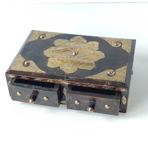 Vintage Wooden Box with Brass Inlay and Two Drawers, Jewelry Box with Lid, Trinket box 1980s, Vintage Keepsake Box, Wooden Jewelry Box