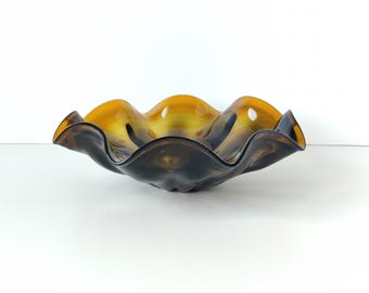 Vintage Hand Blown Wavy Glass Bowl, Brown-Green Glass Bowl for Fruits, Tabletop Bowl for Fruits, Kitchen Dining Table Decor, Massive Bowl