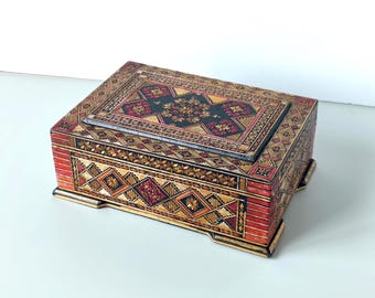 Vintage Wood Box, Colorful Wooden Box, Antique Accent New Home Gift, Art Wood Box for Jewelry Trinket box, Old Souvenir Box