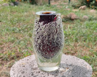 Kunstglasvase kontrollierte Blase, massive und schwere Glasvase Mitte des Jahrhunderts modern, Vintage mundgeblasene Glasvase organische Form, Tischvase 18 cm