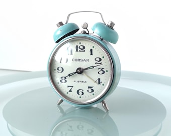Mechanical Alarm Clock "Corsar" 1980s , Desk Clock Double Bell Blue Color, Vintage Russian Alarm Clock, Retro Wind up Clock Made in USSR