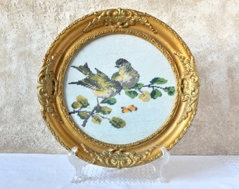 Vintage Cross Stitched embroidery Bird ( tits ) Tapestry, Antique Gold Ornate Frame Round 12 inch for Wall 1970s, Golden Picture Frame Art