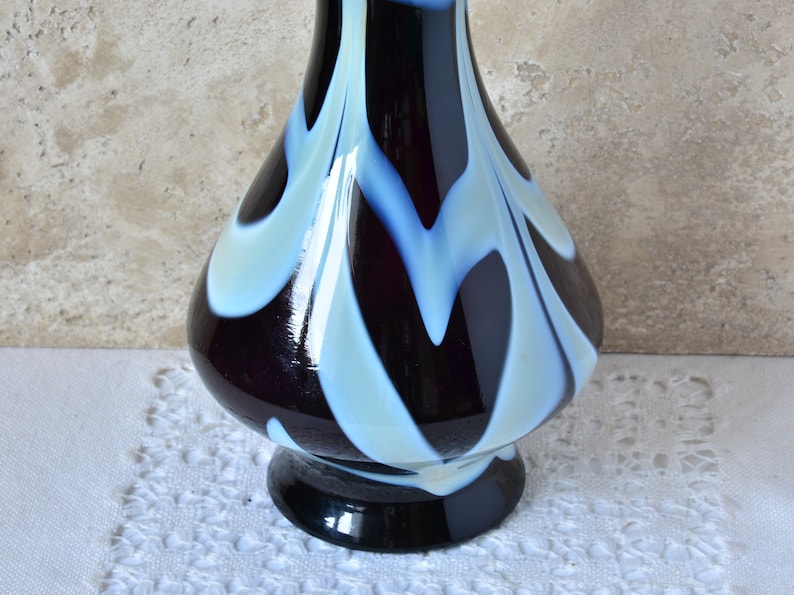 Vintage Bud Vase, Dark Purple and White Glass, 10 Tall Glass Vase for Flowers Arrangements, Artisan Decorative Vase, Retro Decor 1970s._2