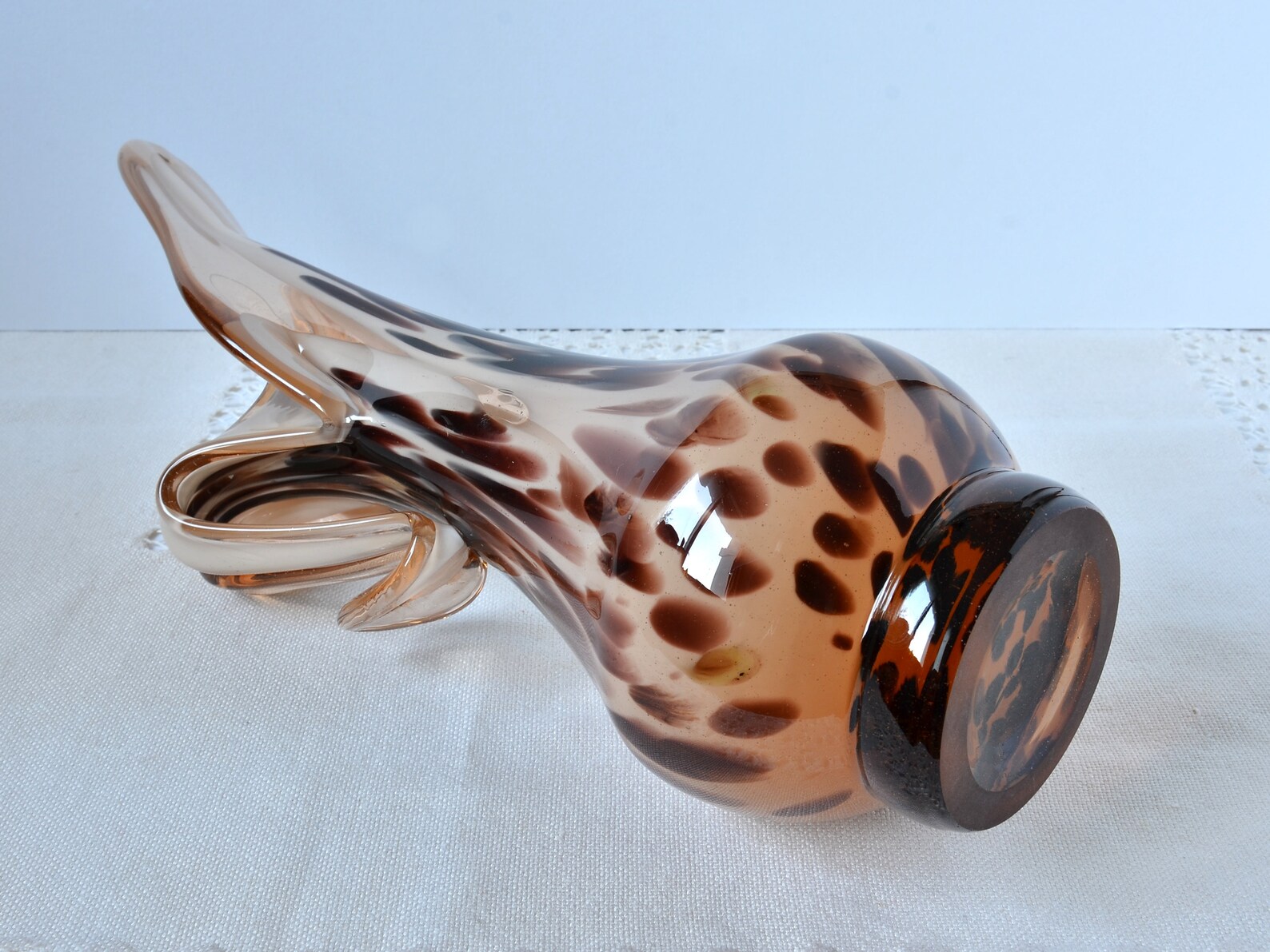 Vintage Tall Murano Glass Vase, Light Beige and Brown Hand Blown Glass