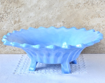 Vintage light Blue Glass Scalloped Bowl, Art Deco Footed Glass Bowl, Serrated Glass Centrepiece, Retro Blue Milk Glass Bowl with Ruffled Rim