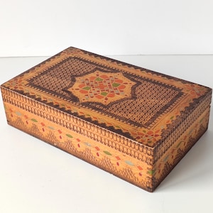 Vintage Wooden Box Pyrography, Keepsake Box, Bulgarian Wooden Trinket box, Old Souvenir Box, Hand Painted Jewelry Box, Bulgarian Folk Motif